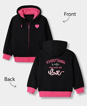 Pine Kids 100% Cotton Knit Full Sleeves Hooded Sweatshirt With Heart Print - Black