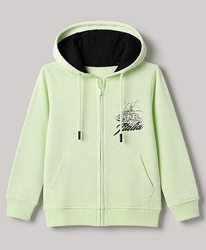 Pine Kids 100% Cotton Knit Full Sleeves and Landscape Print Hooded Sweatshirts in Light Green