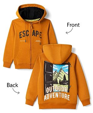 Pine Kids 100% Cotton Knit Hooded SweatJacket with Full Sleeves and Landscape Print in Mustard