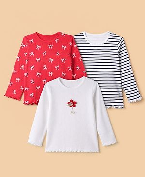 Babyhug 100% Cotton Rib Knit Full Sleeves T-Shirt With Bow Print Pack of 3 in Red