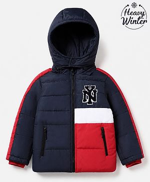Babyhug Woven Full Sleeves Hooded Padded Winter Jacket With Text Embroidery - Navy Blue