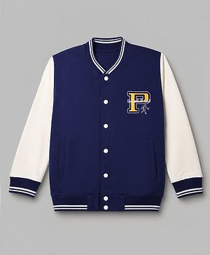 Pine Kids Cotton Knit Varsity Jacket with Full Sleeves and Basketball Club Print in Navy Blue for 4-5 Years