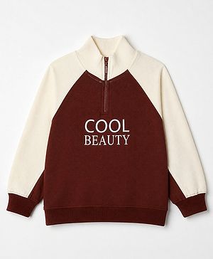 Pine Kids 100% Cotton Knit Sweatshirt with High Neck & Full Raglan Sleeves Front Zipper and Cool Beauty Print in Brown