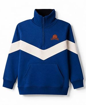 Pine Kids 100% Cotton Knit Full Sleeves Limoges Sweatshirt with Front Zipper and Basketball Patch in Navy Blue