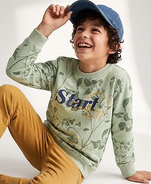 Pine Kids 100% Cotton Knit Sweatshirt with Full Sleeves and Start Something Print in Green for 4-5 Years