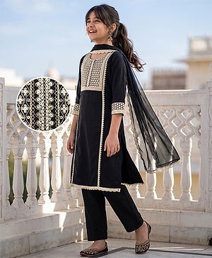 Pine Kids Woven Three-Fourth Sleeves Kurti and Pant Set With Dupatta - Black