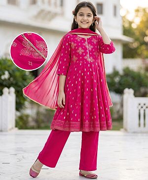 Pine Kids Woven Three-Fourth Sleeves Kurti and Pant Set With Foil Print & Dupatta - Dark Pink