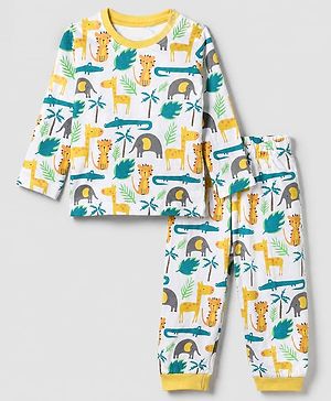 Babyhug Cotton Knit Full Sleeves T Shirt Pyjama Co Ords Night Suit With Animal Print in White