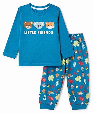 Babyhug Cotton Knit Full Sleeves T-Shirt & Pajama Night Suit with Bear Koala Fox Print - Blue