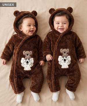 Babyhug Fur Knit Winter Romper with Full Sleeves and Koala Patch & Applique - Brown