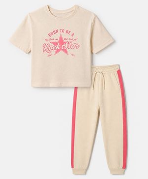 Pine Kids Cotton Blend Knit Half Sleeves T-Shirt and Jogger with Born To Be A Rock Star Print in Beige