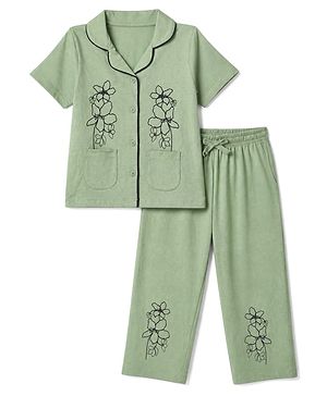 Pine Kids 100% Cotton Bio Washed Single Jersery 180 Gsm Knit Co-ord Shirt & Pajama Night Suit with Floral Print - Light Green
