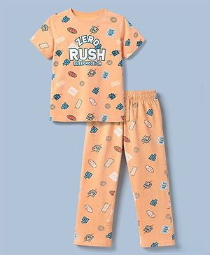 Pine Kids 100% Cotton Knit Half Sleeves Bio Washed Co Ords T Shirt Pyjama Night Suit With Text Print in Cream Blush