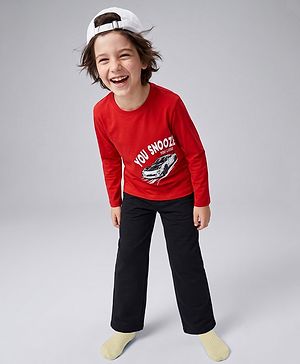 Pine Kids Cotton Knit Full Sleeves T Shirt Pyjama Nightwear Suit With Car Print - Red