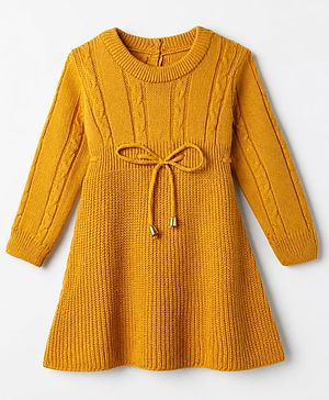 Babyhug Knit Full Sleeves Woolen Dress with Cable Knit Design - Mustard