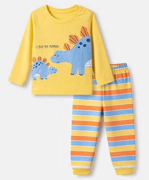 Babyhug Cotton Knit Full Sleeves T-Shirt & Pyjama Night Suit With Animal Print - Yellow