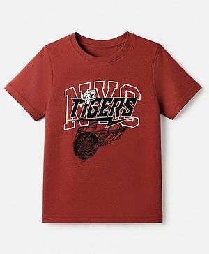 Pine Kids 100% Cotton Knit T-Shirt with Half Sleeves and Tiger Text in Brown