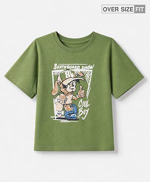 Pine Kids 100% Cotton Knit T-Shirt with Half Sleeves and Skater Dog Print in Green for 4-5 Years