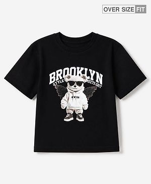 Pine Kids 100% Cotton Knit Half sleeves Tshirt With Animal Print - Black