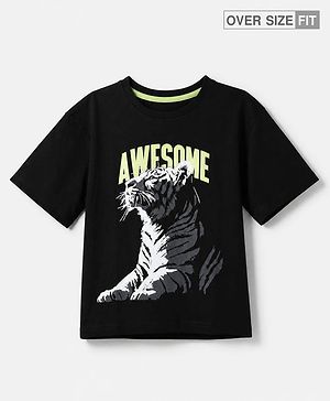 Pine Kids 100% Cotton Knit Half Sleeves Tshirt With Animal Print - Black
