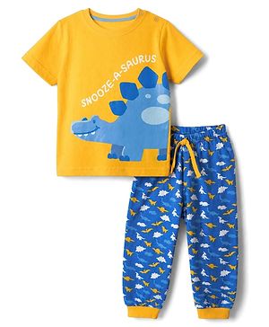 Babyhug Cotton Knit Half Sleeves T-Shirt & Pajama Night Suit with Dinosaur Print - Yellow & Blue