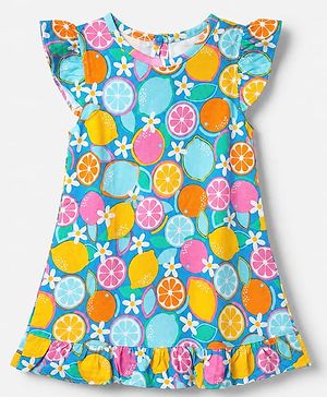Babyhug Cotton Knit Half Frill Sleeves Full Length Nighty with Lemon Orange & Floral Print - Teal Blue