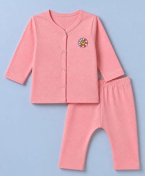 Babyhug Cotton Knit Front Open Full Sleeves T-Shirt & Pajama Night Suit with Flower Print - Peach