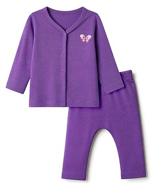 Babyhug Cotton Knit Front Open Full Sleeves T-Shirt & Pajama Night Suit with Butterfly Print - Purple
