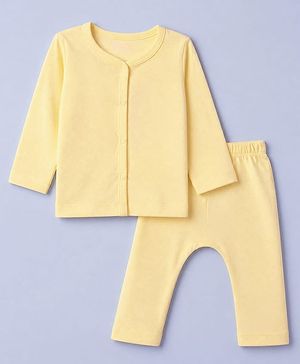 Babyhug Cotton Knit Front Open Full Sleeves Solid T-Shirt & Pajama Night Suit - Yellow