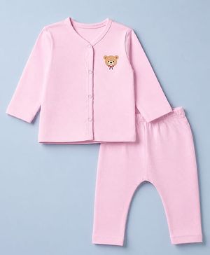 Babyhug Cotton Knit Front Open Full Sleeves T-Shirt & Pajama Night Suit with Teddy Print - Light Pink