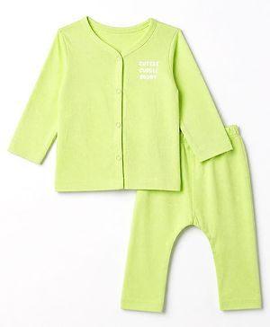 Babyhug Cotton Knit Front Open Full Sleeves T-Shirt & Pajama Night Suit with Cutest Cuddle Buddy Text Print - Light Green