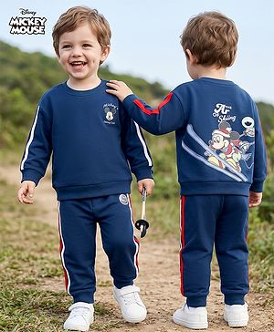 Babyhug Disney 100% Cotton Terry Knit Full Sleeves Sweatshirt and Joggers Set with Mickey Mouse Graphic in Blue