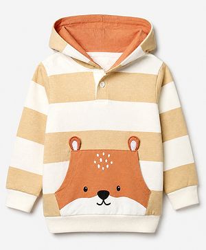 Babyhug 100% Cotton Knit Heavy Gauge Sweatshirt With Full Sleeves, Fox Applique and Striped Print in Peach