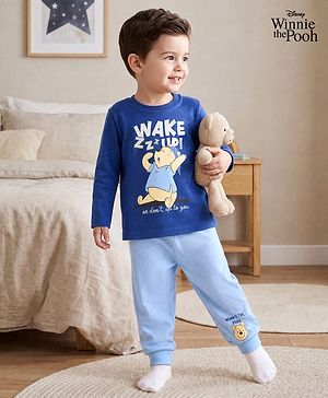 Babyhug Disney 100% Cotton Knit Full Sleeve T-Shirt & Jogger Night Suit with Winnie The Pooh Graphic in Blue