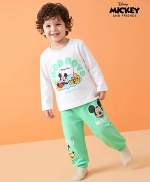 Babyhug Disney 100% Cotton Single Jersey Knit Full Sleeves T-Shirt & Pyjama Night Suit With Mickey Mouse Graphic - White
