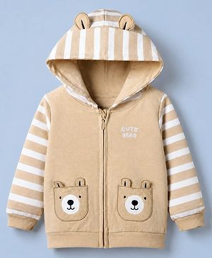 Babyhug 100% Cotton Knit Full Sleeves Hooded Sweatshirt with Bear Applique - Beige