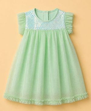 Babyhug Sequin Woven Solid Mesh Embroidered York Ruffle Sleeves Onesie - Green