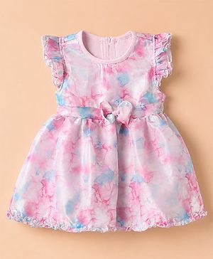 Babyhug Organza Woven Solid Ruffle Sleeves Onesie with Bow at York Party - Pink