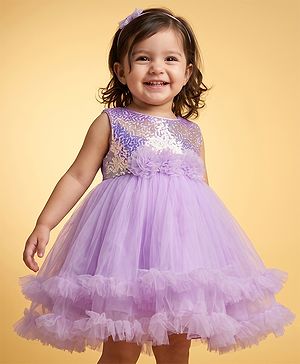 Babyhug Sequinned Solid Mesh Sleeveless Party Dress With Floral Applique - Lilac