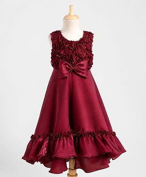 Babyhug Organza Woven Sleeveless Party Gown With Floral & Yok With Bow Applique - Wine