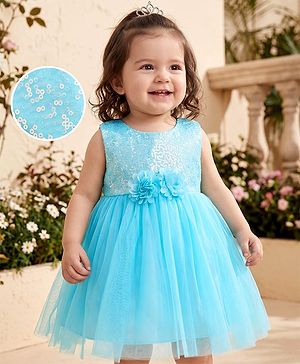 Babyhug Solid Mesh Sleeveless Party Dress with Sequins York and Corsage Flowers at York - Light Blue