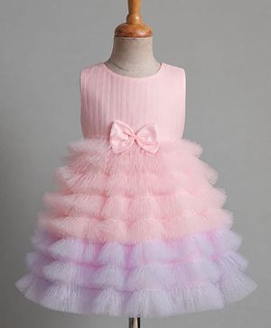 Babyhug Solid Mesh Woven Sleeveless Party Dress & Pleated York with Bow Applique - Pink