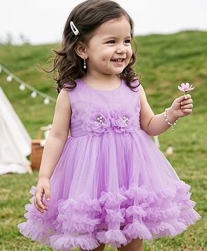 Babyhug Solid Mesh Woven Sleeveless Party Dress with Corsage Flowers on York - Lilac