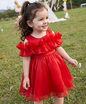 Babyhug Solid Organzza Woven Sleeveless Party Dress with Cold Shoulder Ruffle Detailing - Red