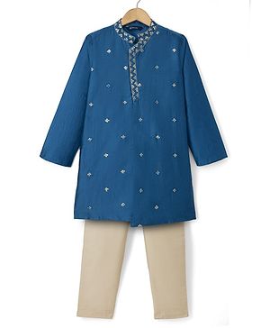 Pine Kids Woven Full Sleeves Sequinned Kurta & Pyjama Set - Teal Blue