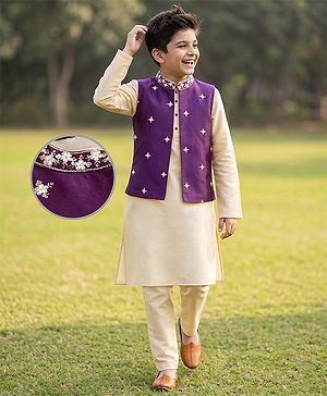 Pine Kids Woven Kurta Pyjama Set and Jacket with Full Sleeves and Floral Embroidery in Purple for 4-5 Years