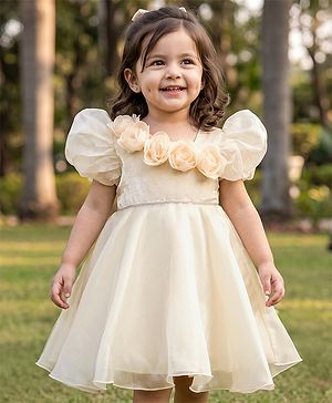 Babyhug Organza Woven Half Puffed Sleeves One Piece Party Dress With Flower Applique - Cream
