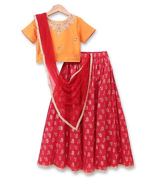 Pine Kids Woven Half Sleeves Floral Embroidered Choli & Lehenga Set WIth Dupatta - Red