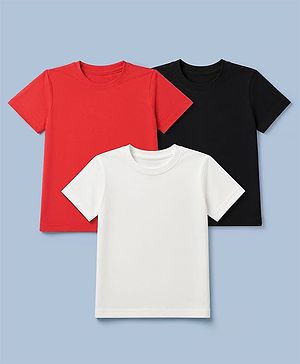 Pine Kids Cotton Knit Solid Half Sleeves T-Shirts Pack of 3 - Red, Black & White