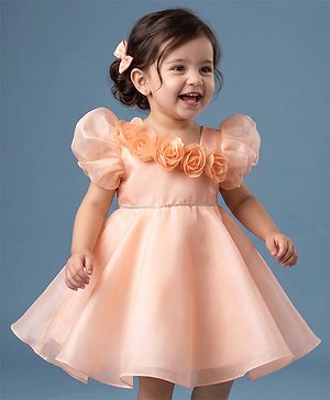 Babyhug Organza Woven Half Puffed Sleeves One Piece Party Dress With Flower Applique - Peach